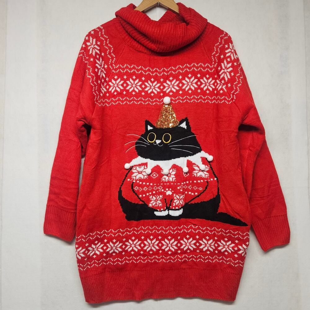 Pink Queen Red Black Cat Ugly Christmas Cowl Neck Tunic Sweater Dress NWT size S